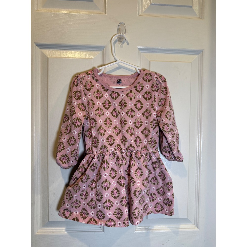 Tea Collection Girls Pink Floral Glitter Long Sleeve Cotton Dress Size 2